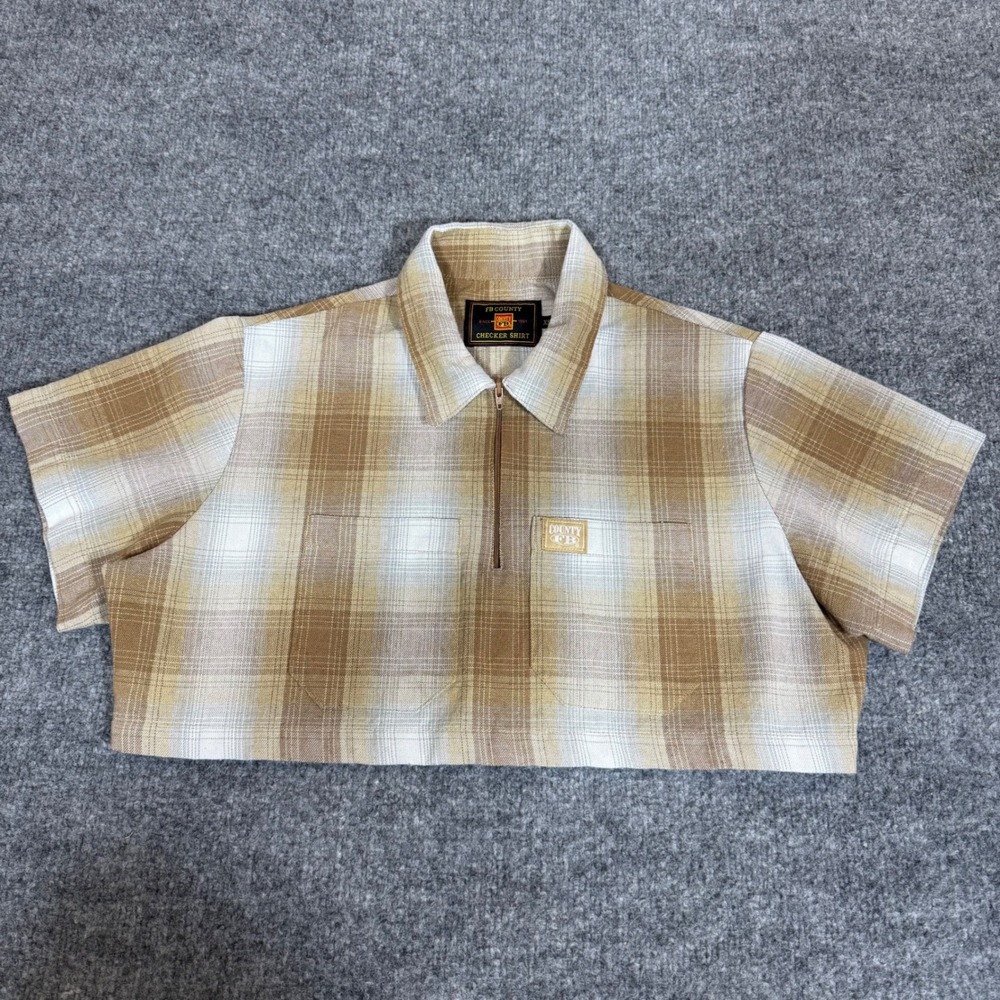 FB County Checker Shirt Tan White Plaid Cropped Quarter Zip Short Sleeve XS